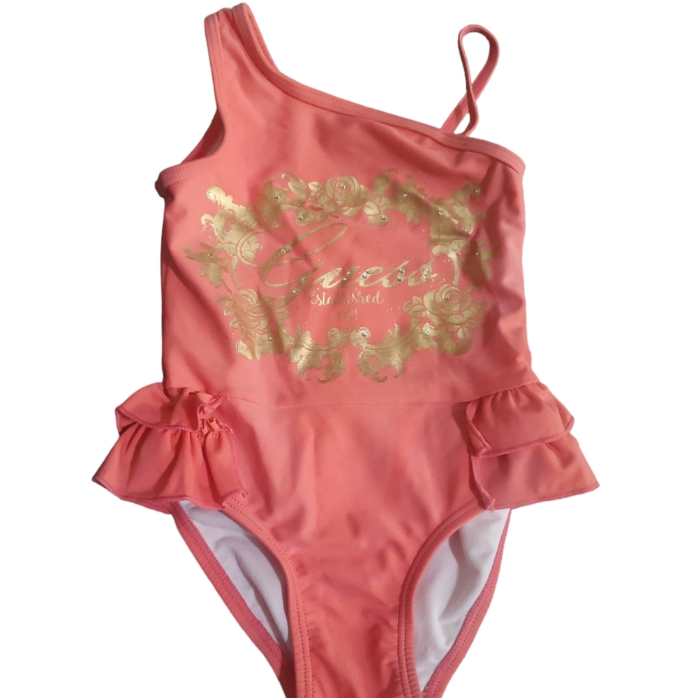4T Guess Kids Bathing Suit. Coral with gold and clear gems.